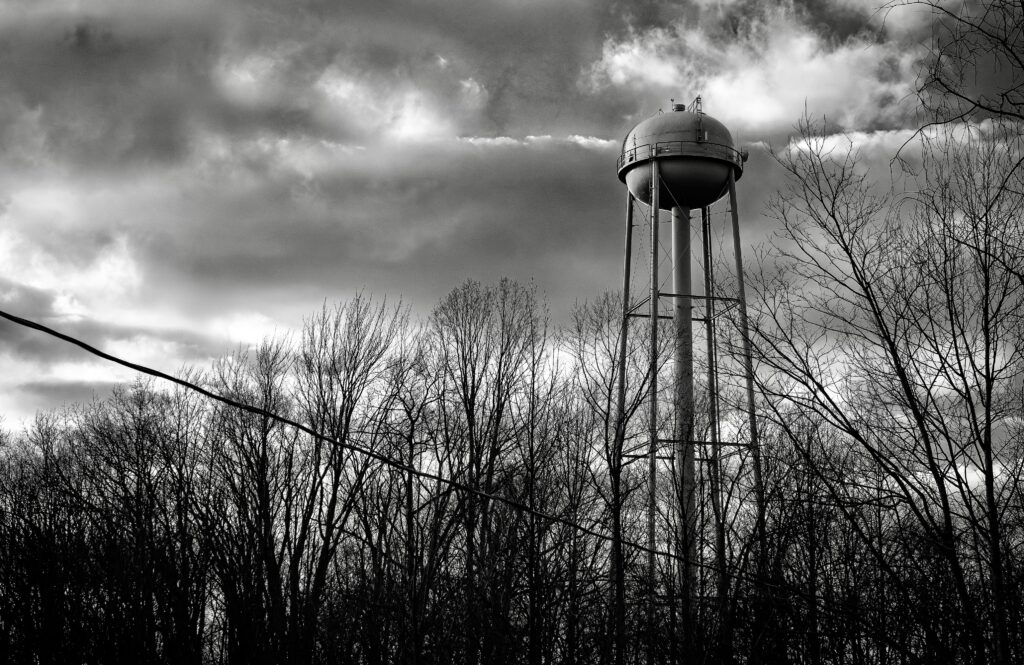 a black and white photo of a tall water tower sitting behind a stand of trees