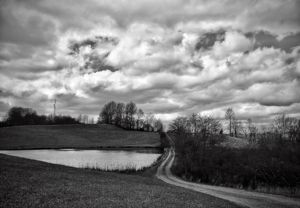 a black and white photo of a gravel country road with a pond beside it